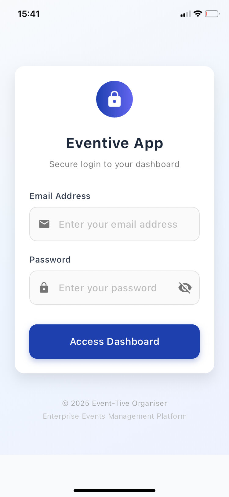 Eventive mobile login screen